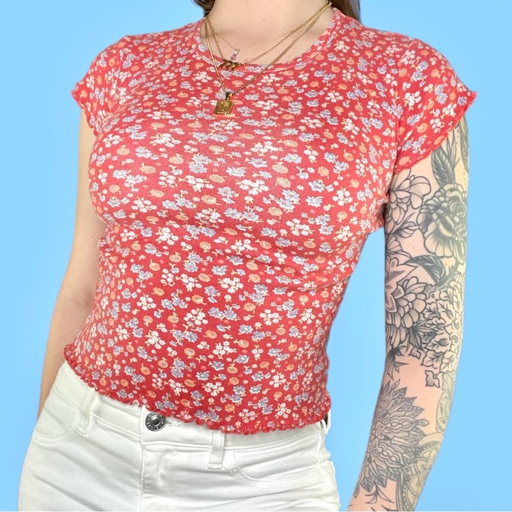 Red Floral 2000s Baby Tee